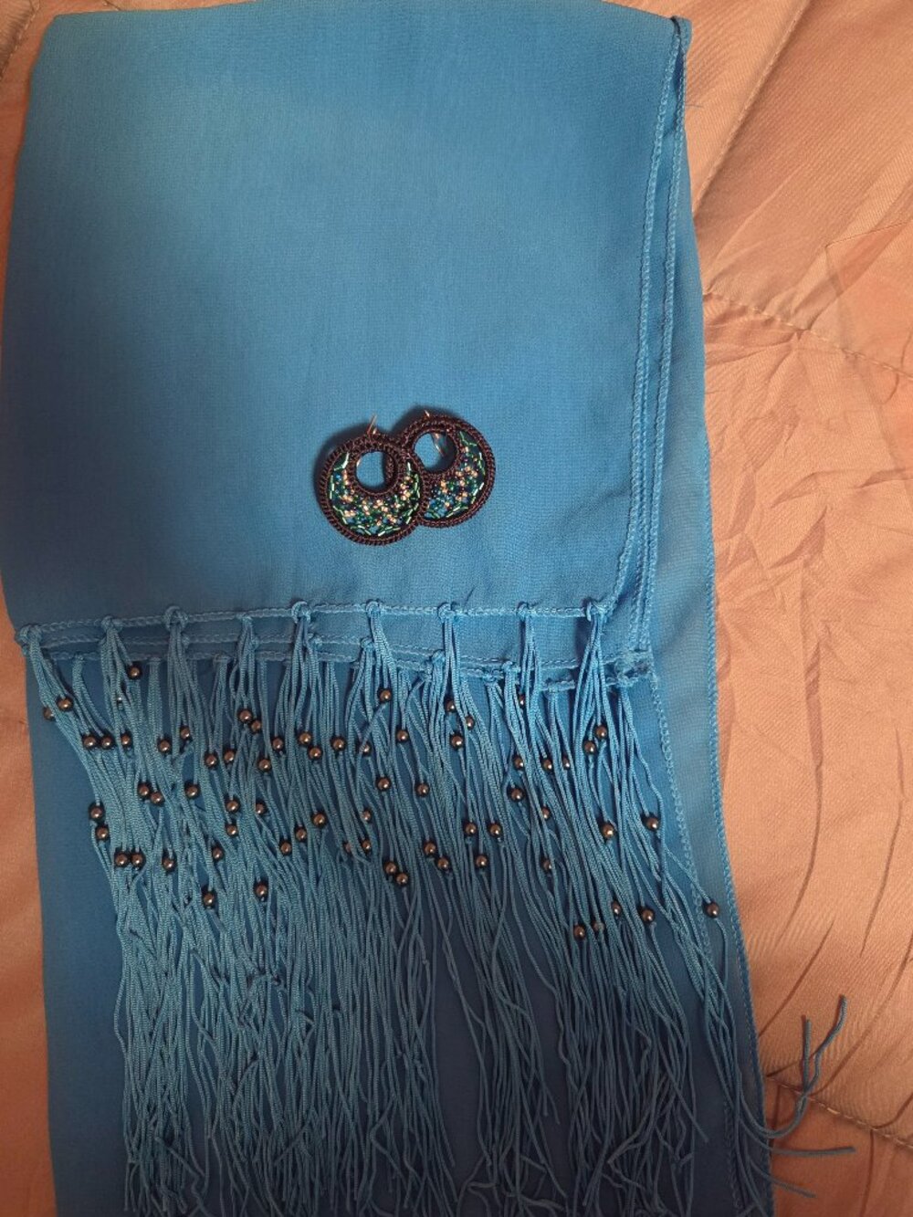 Teal scarf & Bohemian style Chochet earrings.